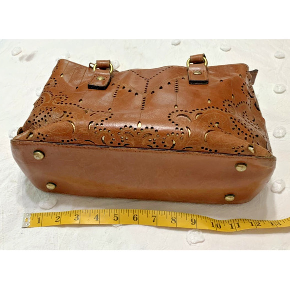 Patricia Nash Angela Laser Cut Satchel Leather Handbag Tan Brown Western - Picture 3 of 8